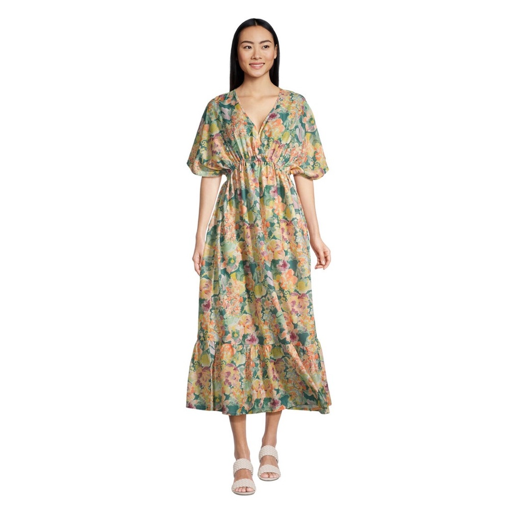 Cost Plus World Market Floral Midi Dress in Green, Pink and Yellow